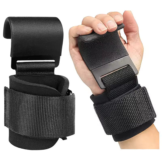 Black wrist support brace with a hand wearing it on a white background